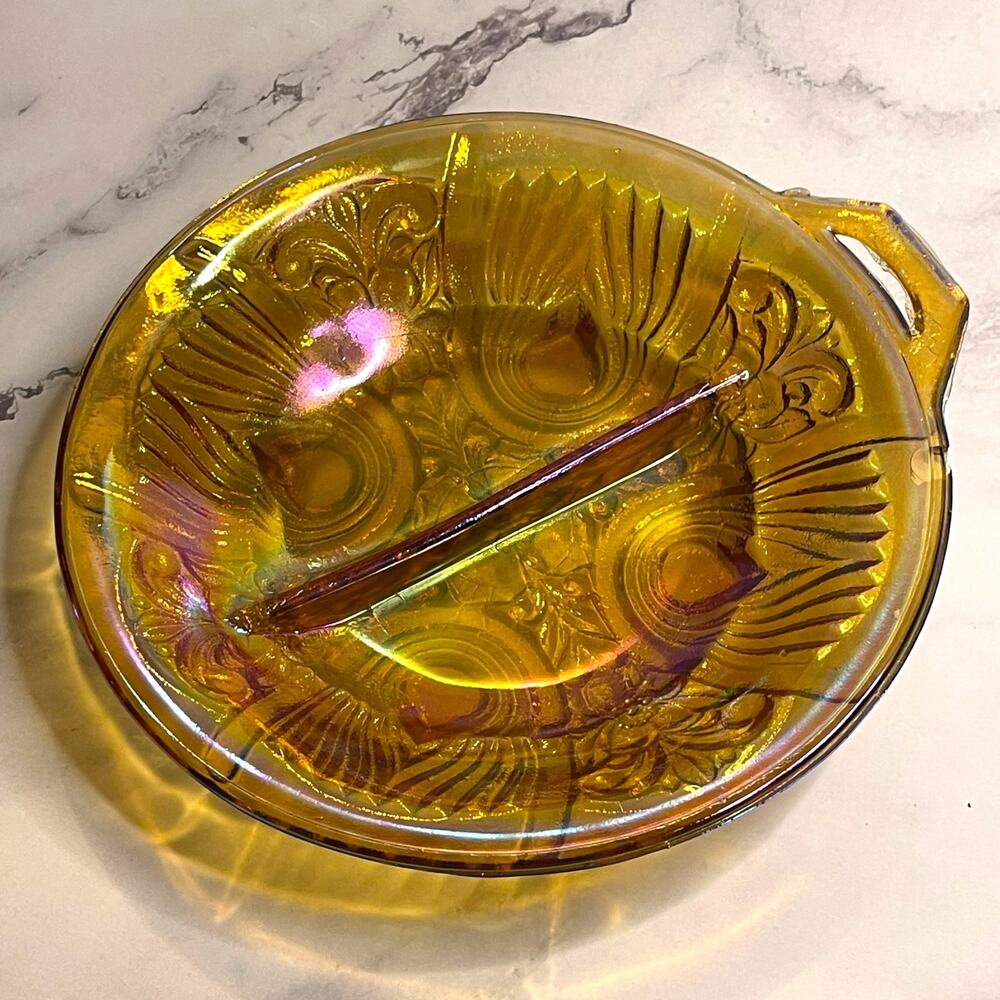 Vintage Indiana Glass Killarney Amber Carnival Glass Divided Relish Dish 8.25"